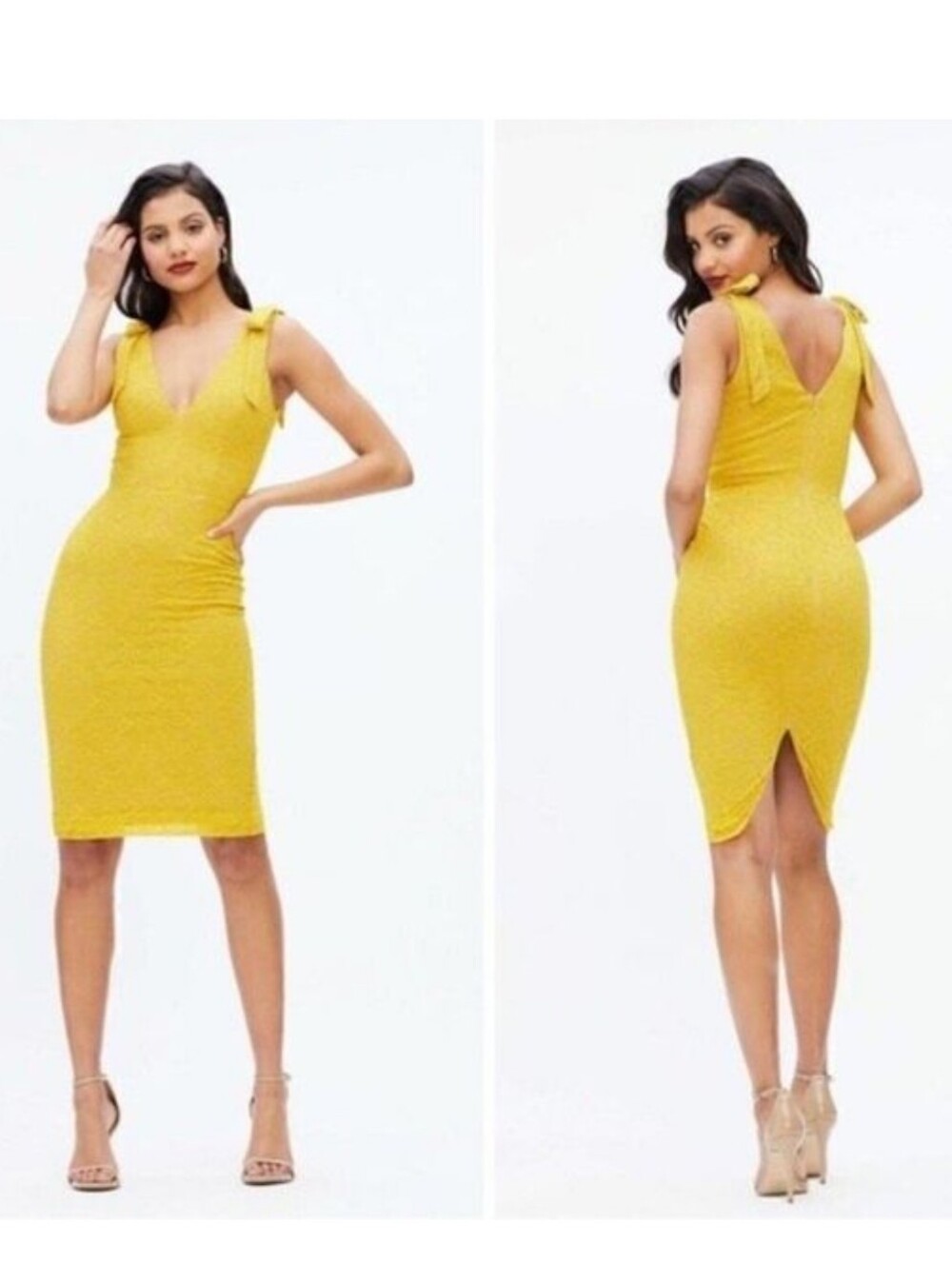 New Dress the Population Mary Lace Overlay Plunge Neck Bow Sheath Dress